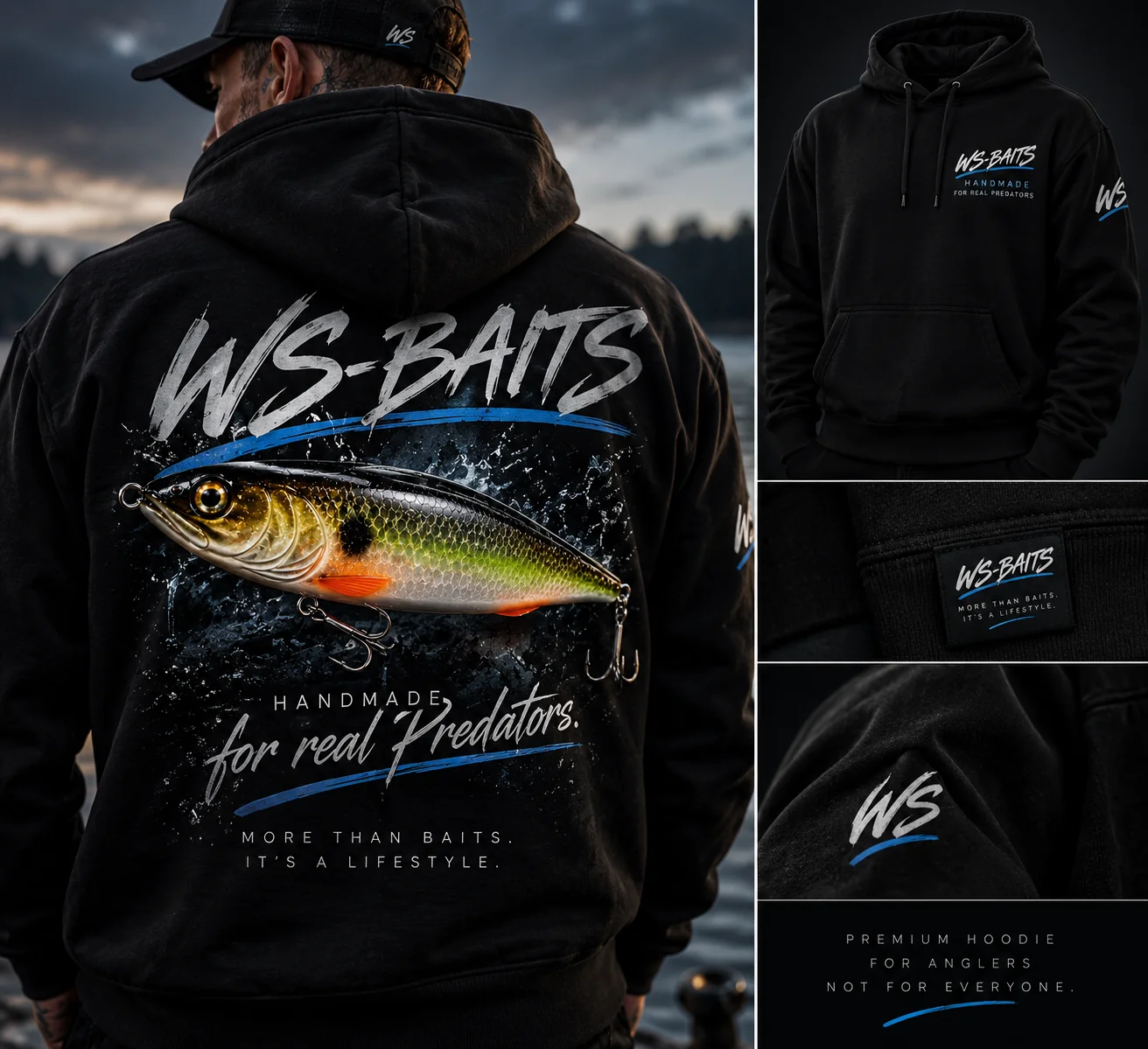 Vorhandener WS-BAITS Hoodie-Entwurf: schwarzer Pullover mit Ködergrafik, originalem Schriftzug und blauen Akzenten – Rückenansicht