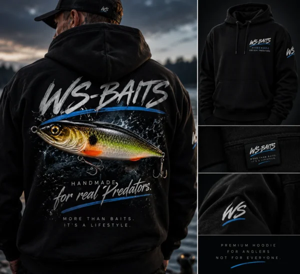 WS-BAITS Hoodie schwarz Rückenansicht – WS-BAITS Designstudie